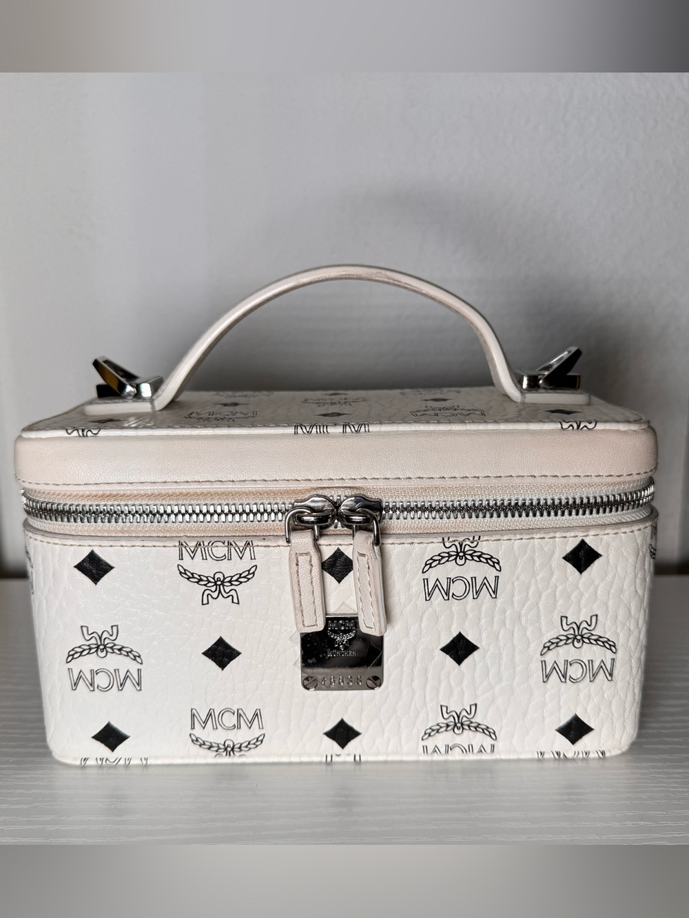 MCM White Logo Print Vanity Case with Silver Hardware